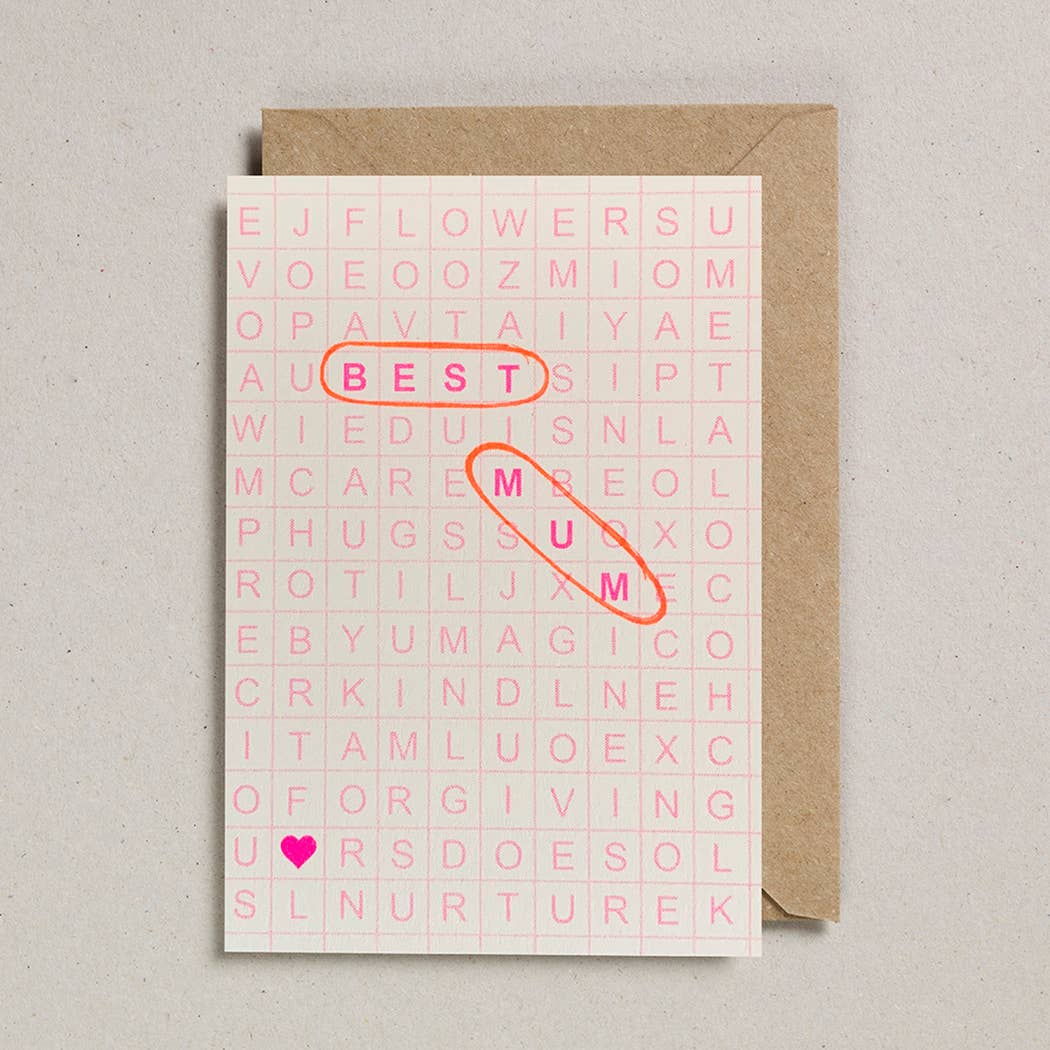 A greetings card with a pale pink word search and the words 'Best' & 'Mum' circled in orange.