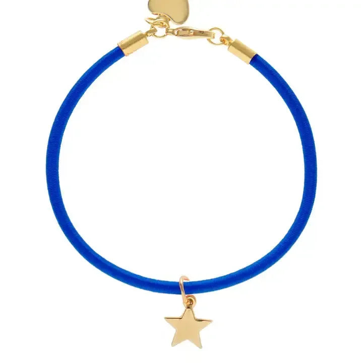 Blue bracelet with gold star charm on a white background