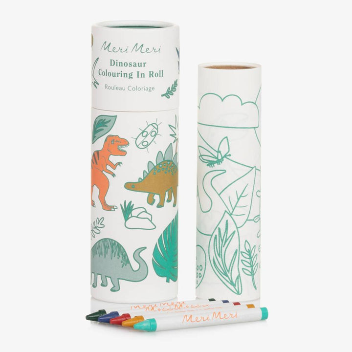 Dinosaur-themed colouring roll with Meri Meri branding on a white background