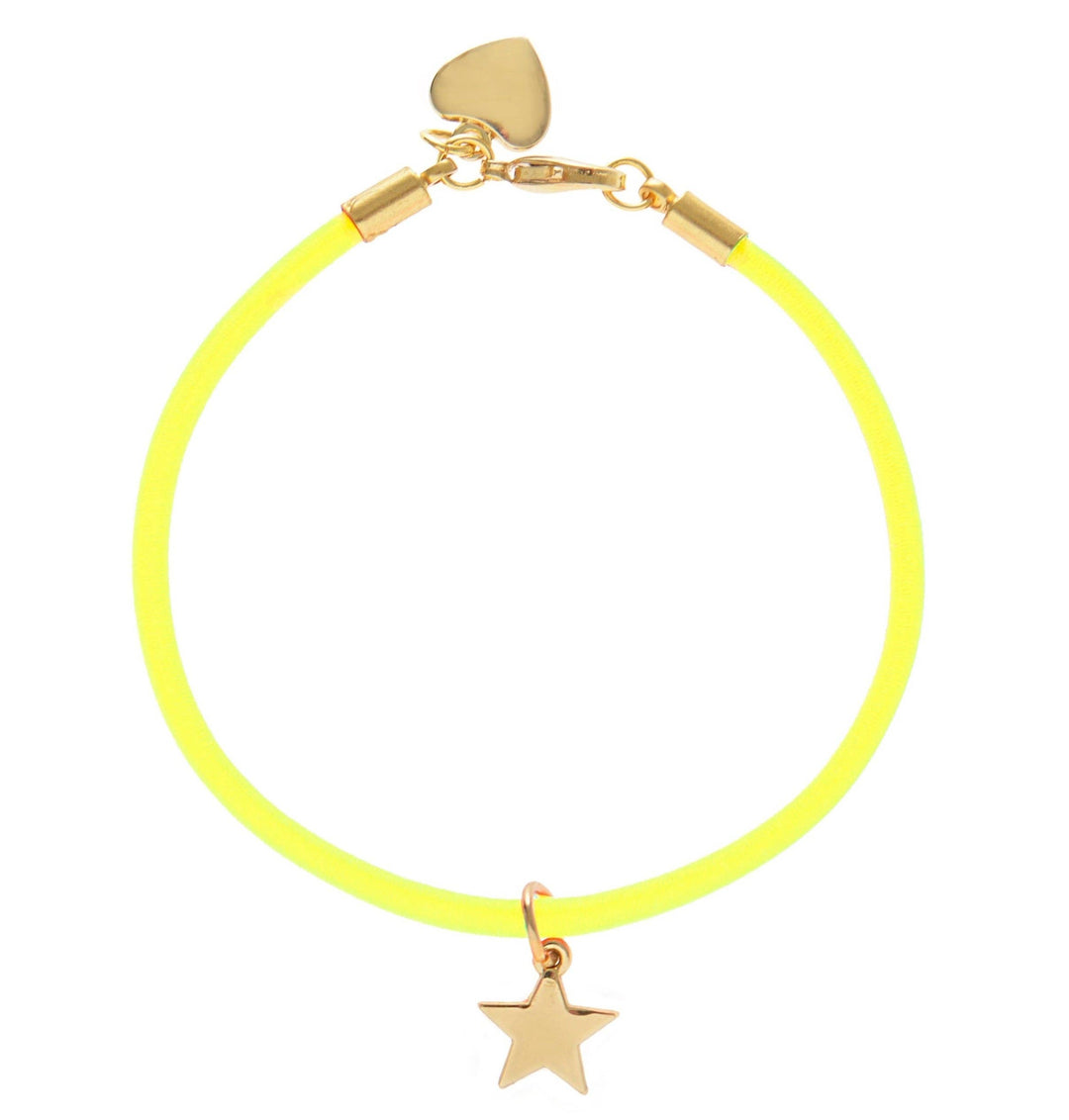 A yellow neon elastic bracelet with a gold-colored star charm and a gold-colored heart charm attached to it.