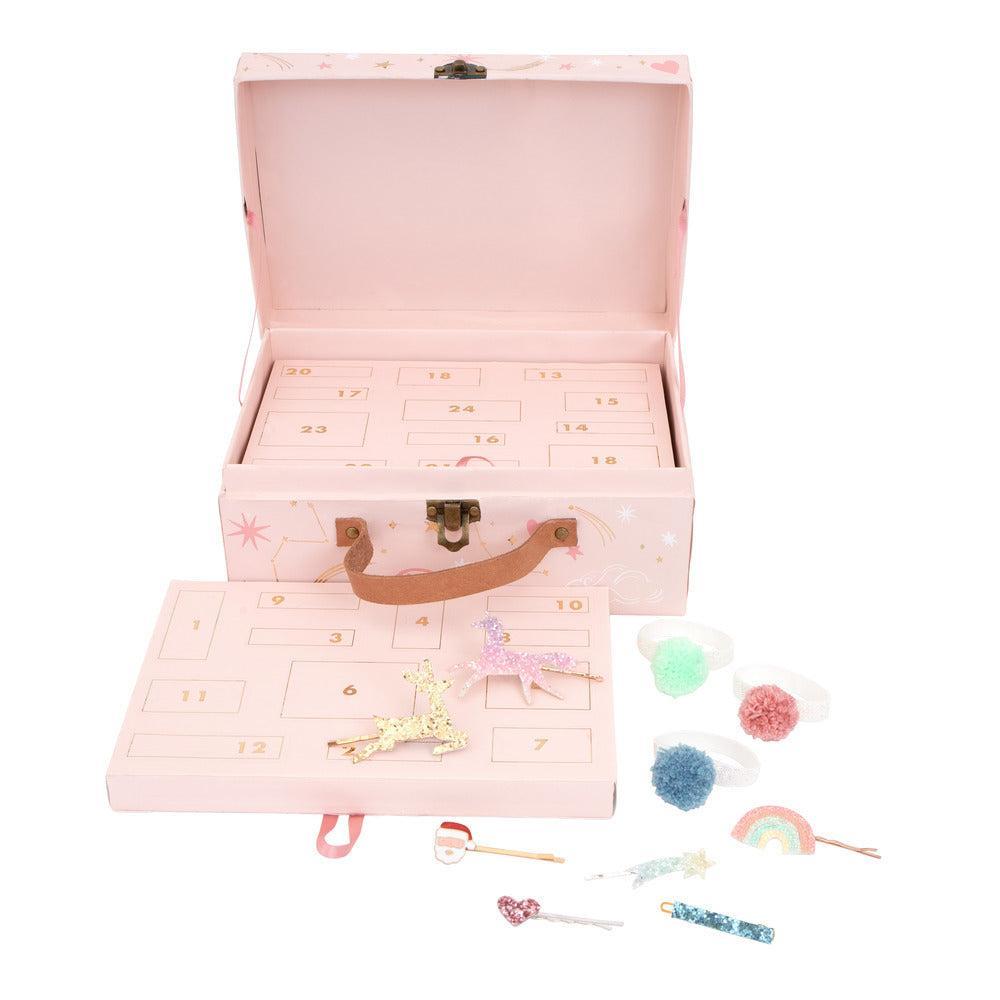 Pink advent calendar suitcase with hair accessories