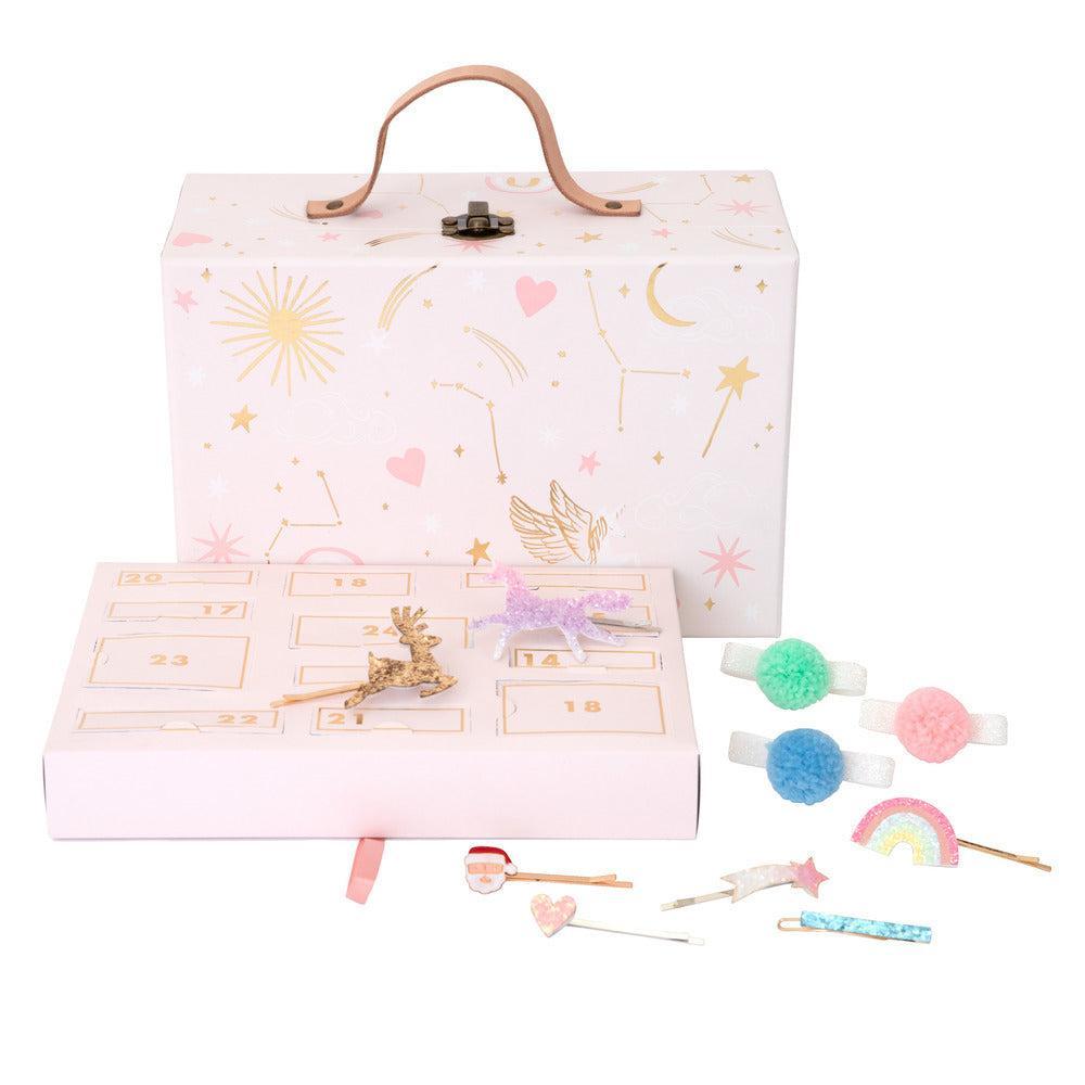 Pink advent calendar suitcase with hair accessories
