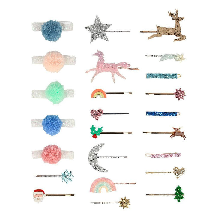Collection of various hair accessories from an advent calendar