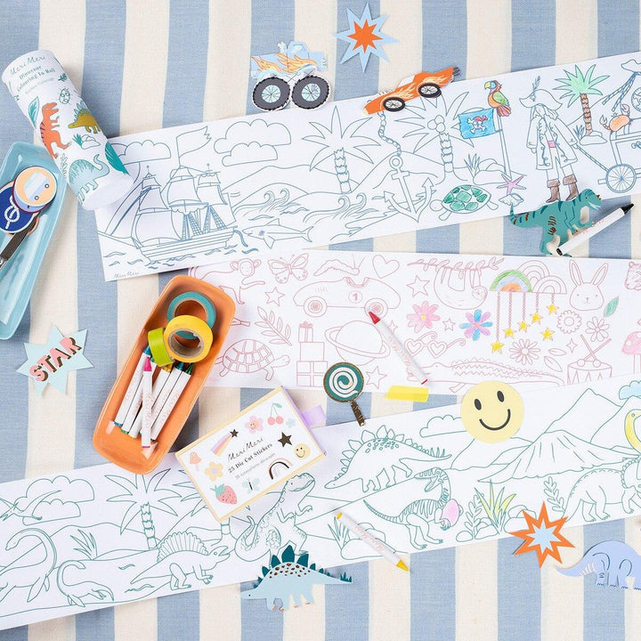 Coloring sheets with various drawings on a striped surface