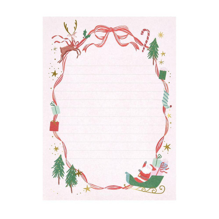 Decorative Christmas border with reindeer, candy canes, and trees on a white background