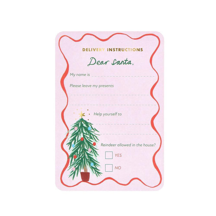 Christmas-themed 'Dear Santa' delivery instructions card with a tree illustration on a white background.