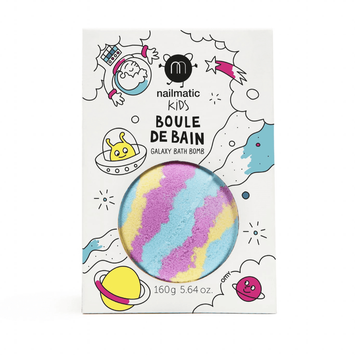 Bath bomb packaging with colorful design and text on a white background