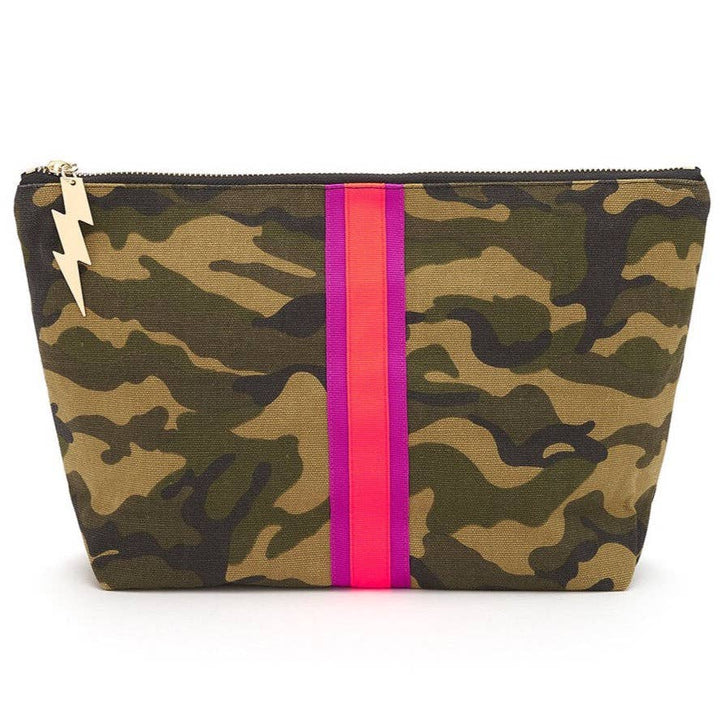 Camo patterned bag with a vertical pink stripe and a hot pink zip featuring a gold lightning bolt zipper pull.
