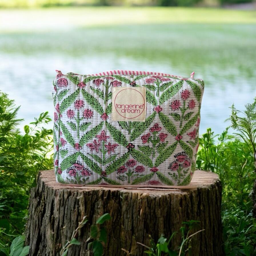 Floral block printed cosmetics bag