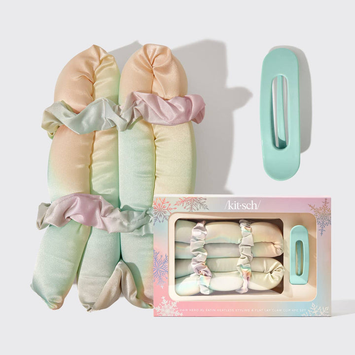 Pastel-colored hair ties and a teal clip on a white background with 'kitsch' packaging.