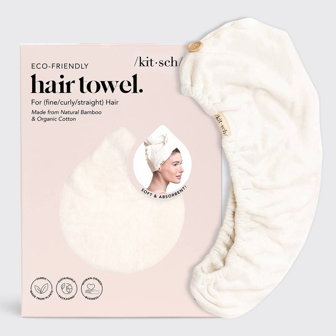 Eco-friendly hair towel with packaging on a light gray background