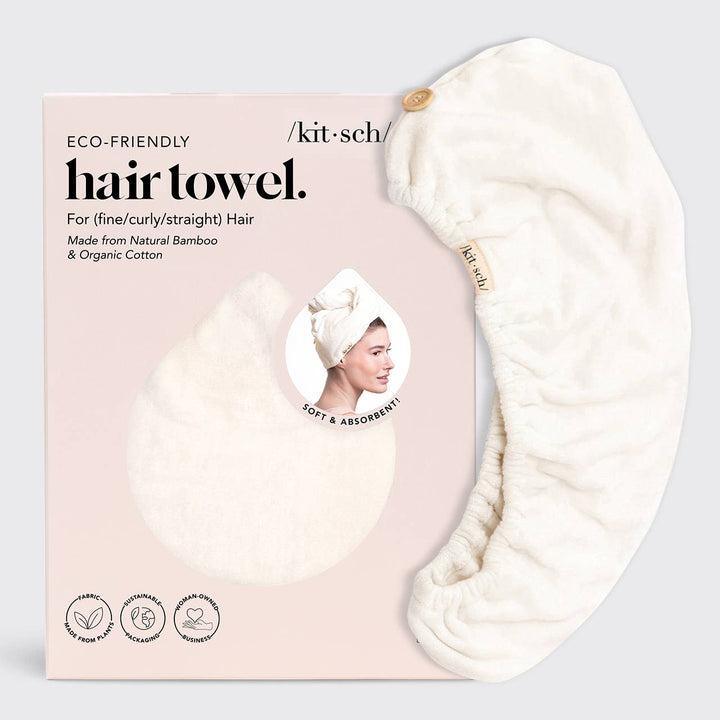Eco-friendly hair towel with packaging on a light gray background