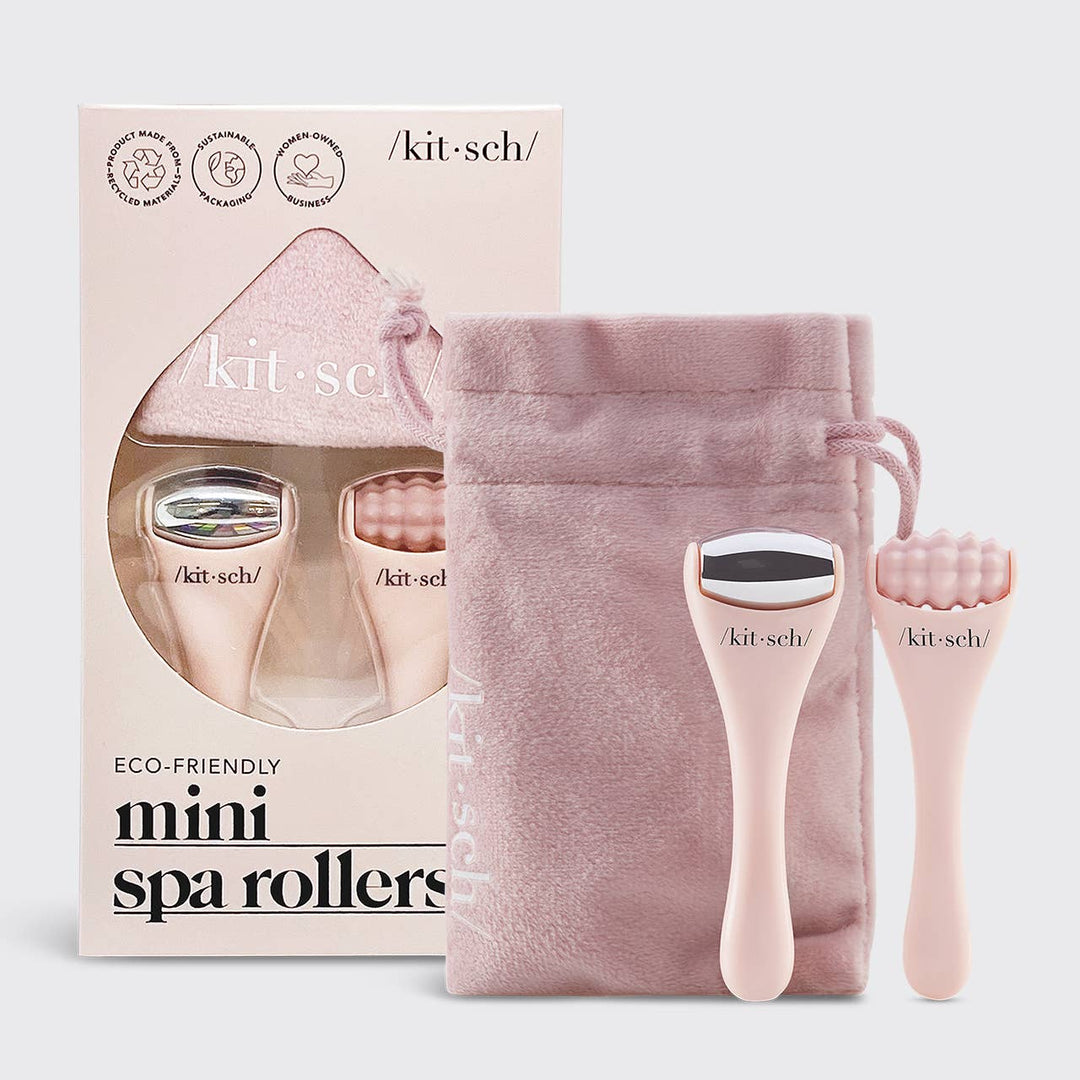 Kit-sch mini spa rollers with packaging and pink drawstring bag on a light gray background