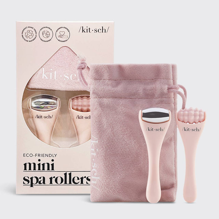 Kit-sch mini spa rollers with packaging and pink drawstring bag on a light gray background