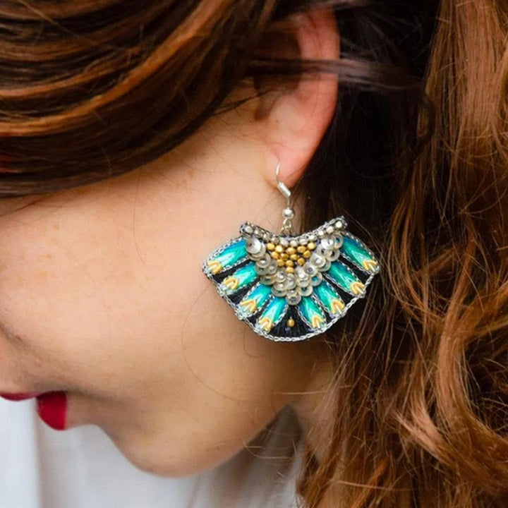 blue and gold hand-embroidered earring with brass beads. hand made