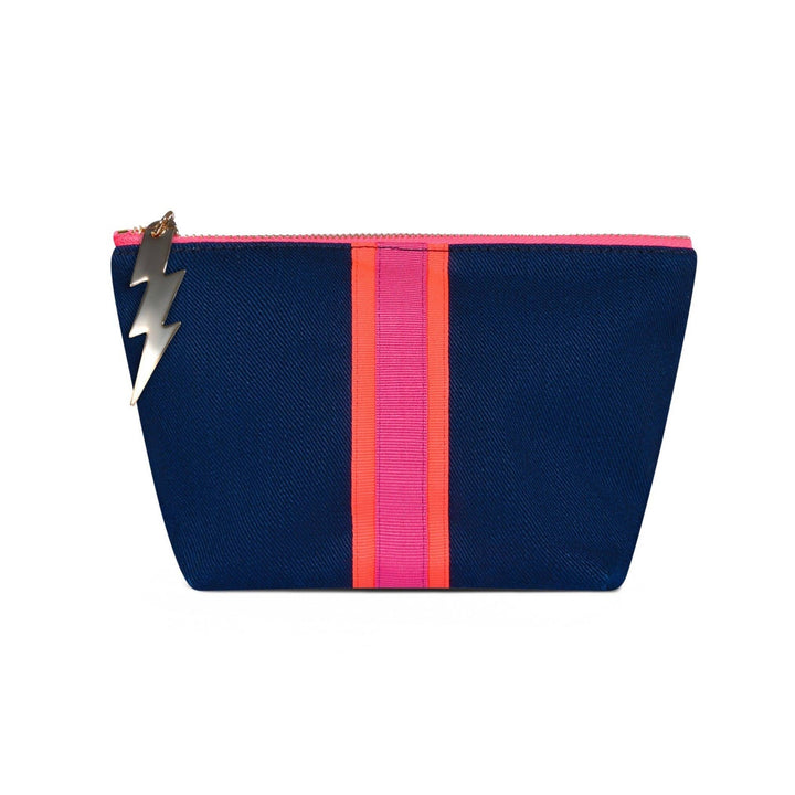 Navy pouch with pink and orange stripes and a gold zipper on a white background