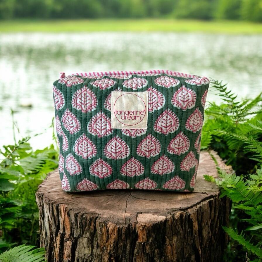 sage and pink block printed cosmetics bag