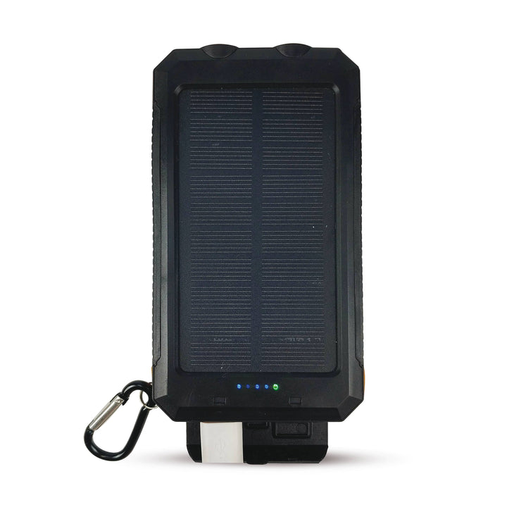 Black solar-powered portable charger with a keychain clip on a white background