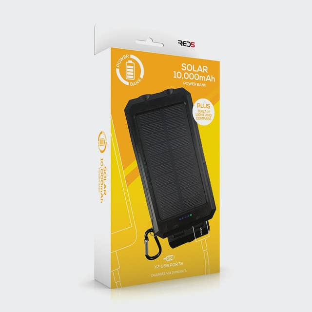 Solar power bank packaging with yellow background and black device