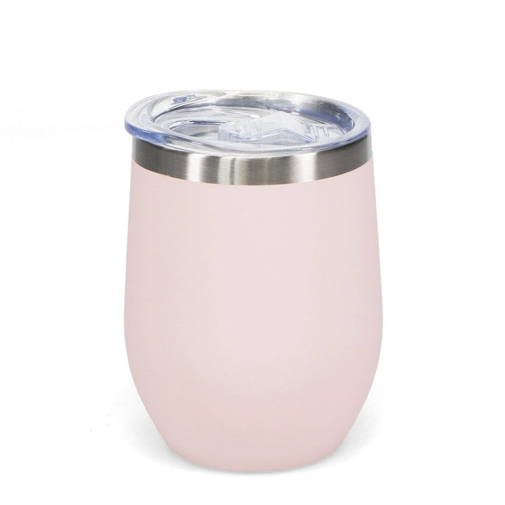 Pink insulated tumbler with a silver rim on a white background