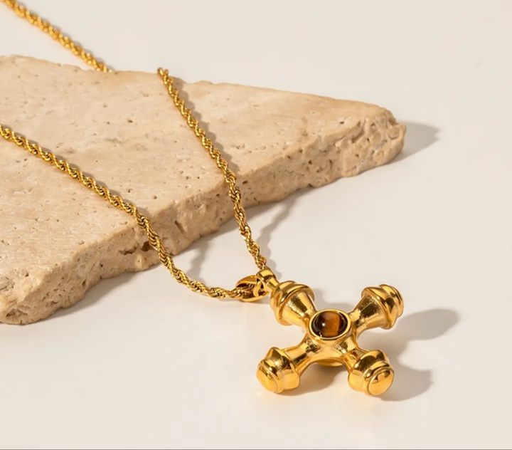 Tigers Eye Cross Pendant on Twisted Chain Necklace