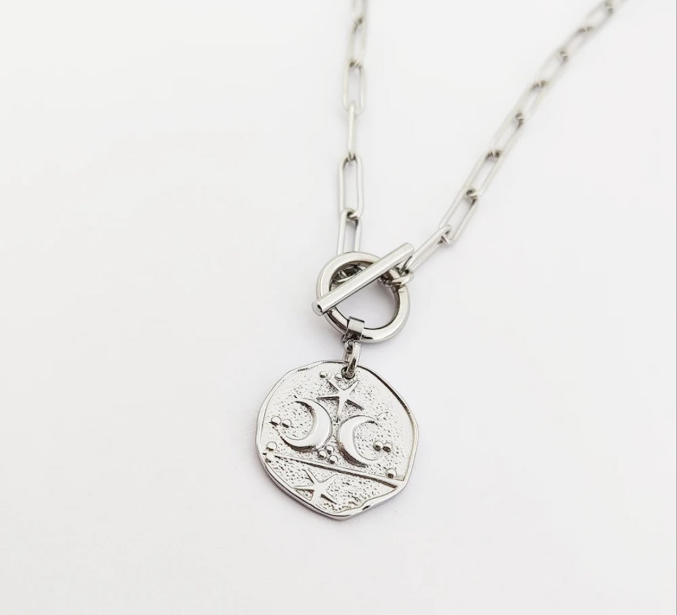 Moon & Star T Bar Paperclip Chain Necklace - Gold or Silver