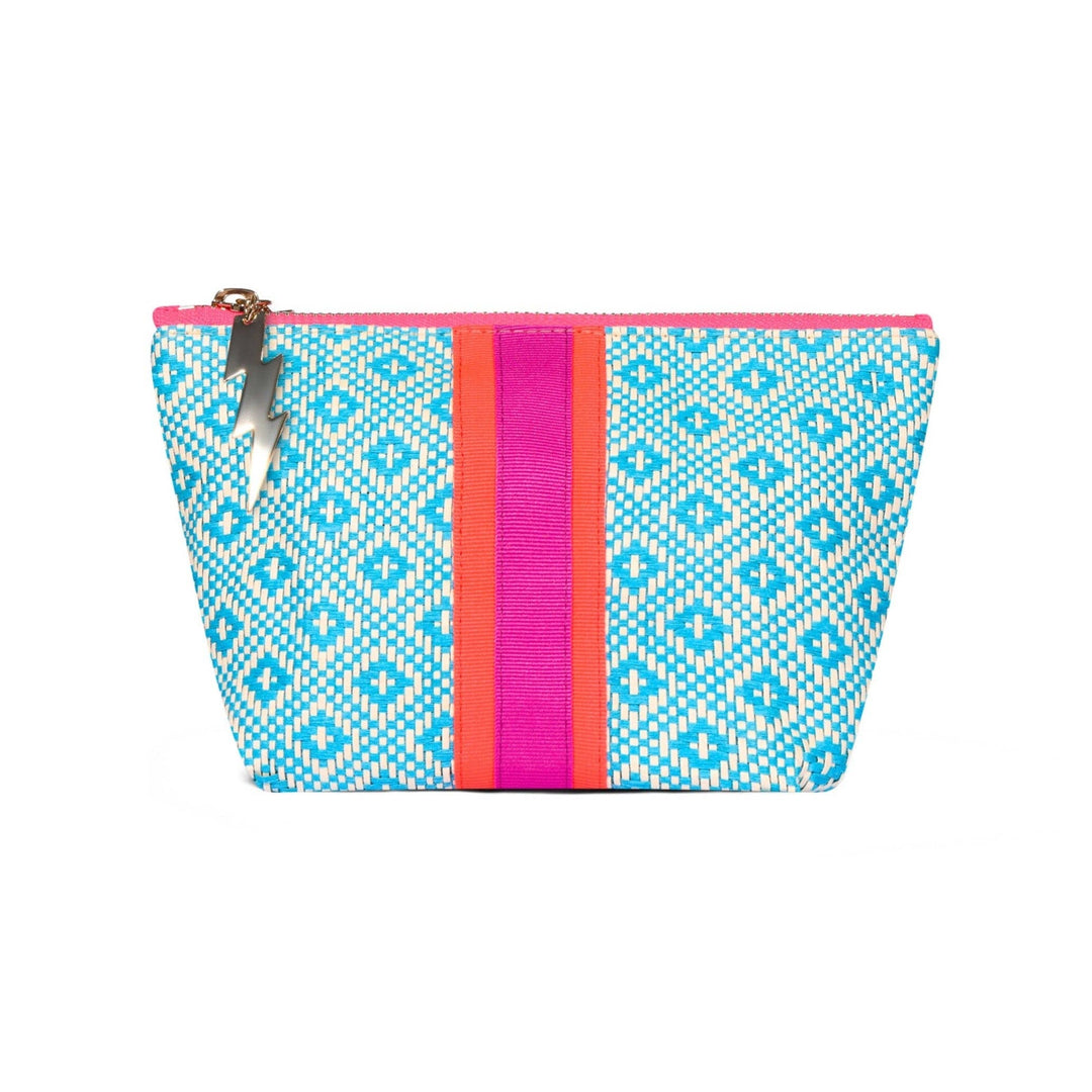 Small pouch with blue geometric pattern and pink accents on a white background