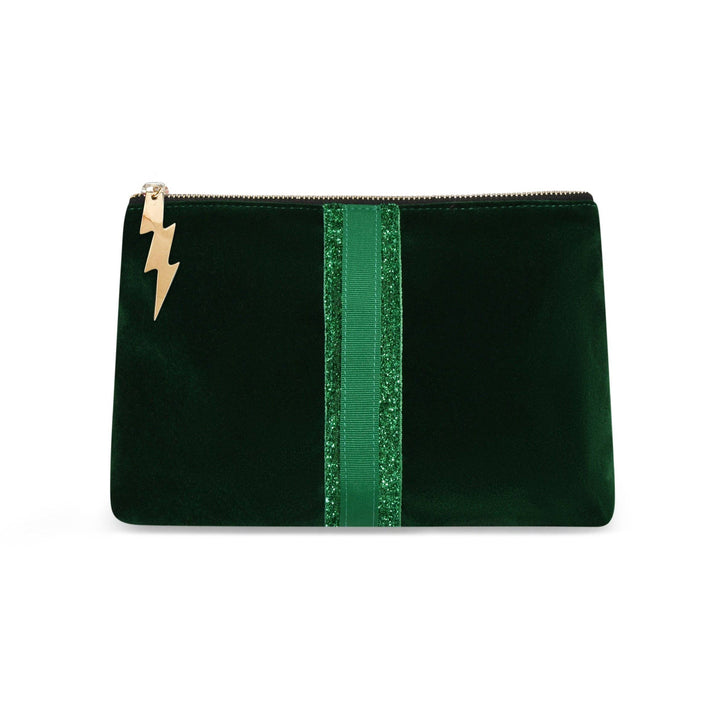 Green clutch bag with a gold zipper pull on a white background