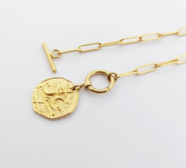 Moon & Star T Bar Paperclip Chain Necklace - Gold or Silver