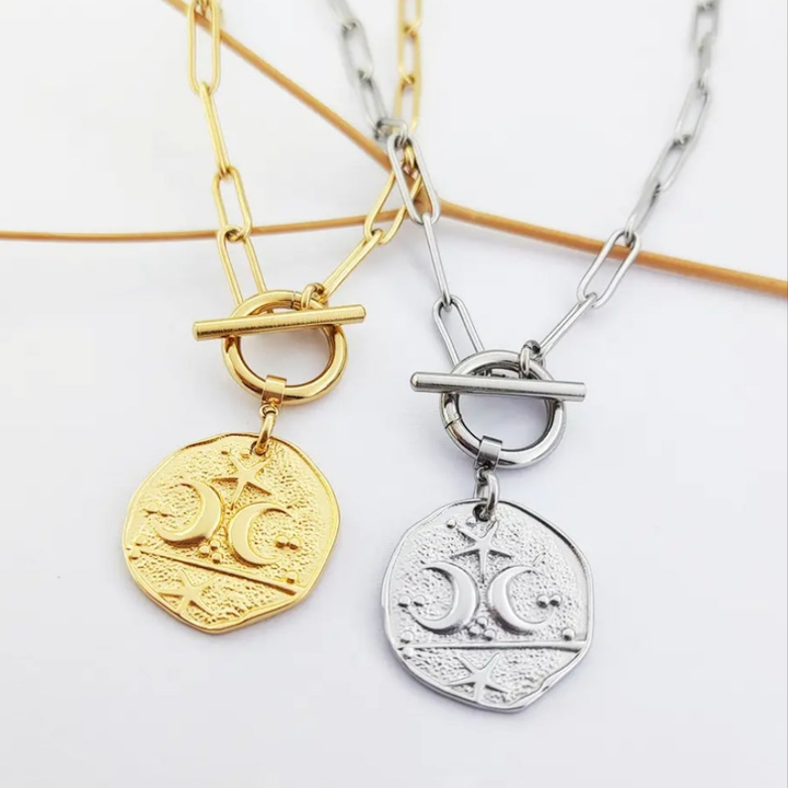 Moon & Star T Bar Paperclip Chain Necklace - Gold or Silver