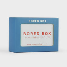 Load image into Gallery viewer, Blue box with white cut out in the centre and text that reads: &quot;Bored Box 101 fun-packed activities for kids&quot;.