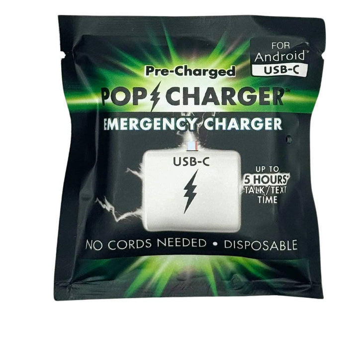 Pre-Charged Pop Charger Emergency Charger packaging with USB-C symbol on a black background