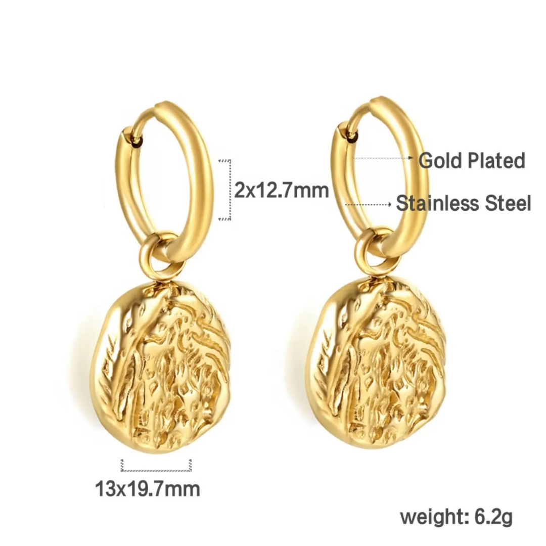 Gold hoop earrings with engraved designs, showing measurements and material details on a white background.