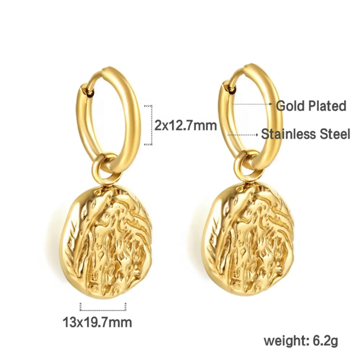 Gold hoop earrings with engraved designs, showing measurements and material details on a white background.