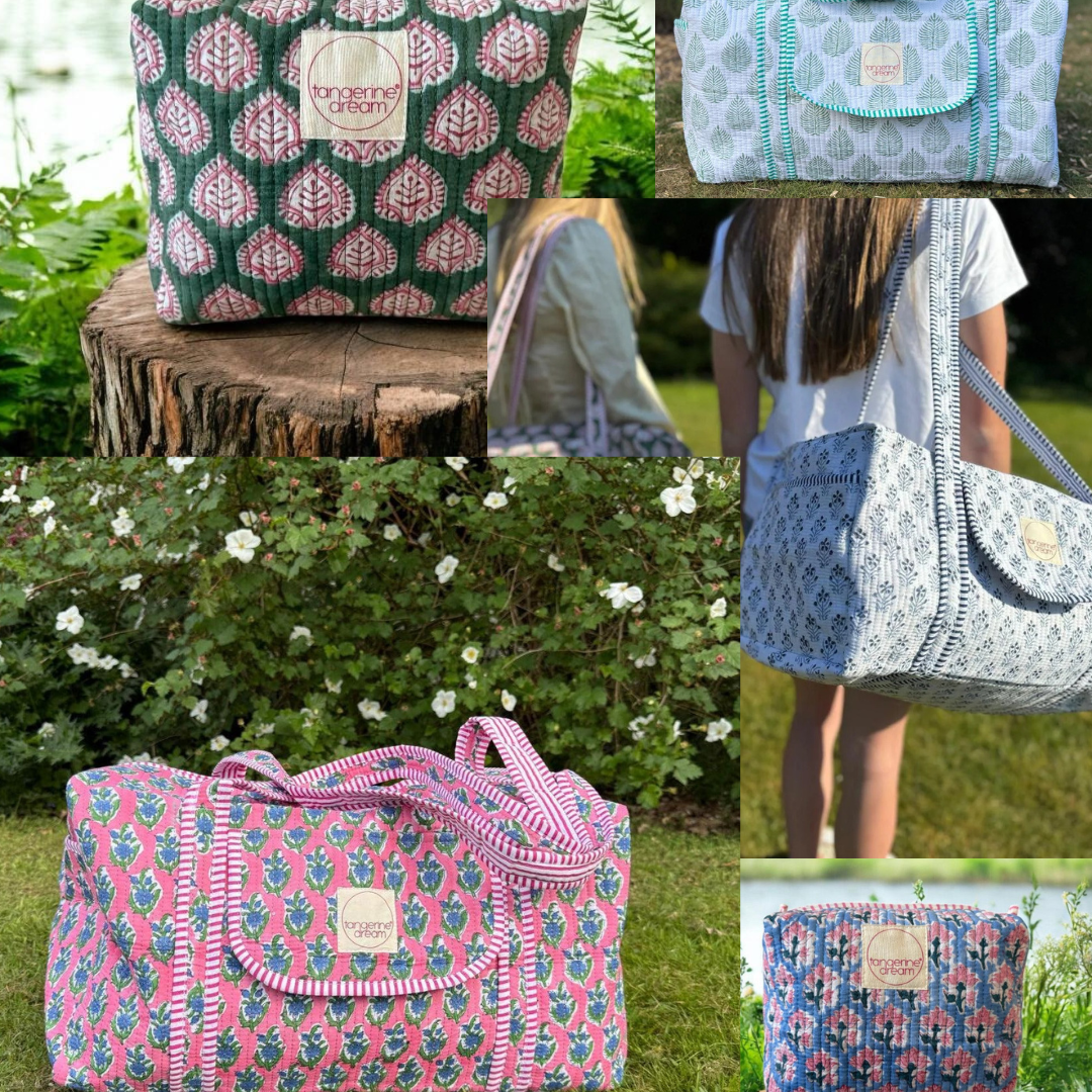 Collage of patterned bags in various settings with a brand logo.