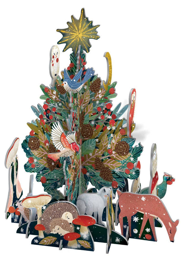 Decorative Christmas tree with animals and birds on a white background