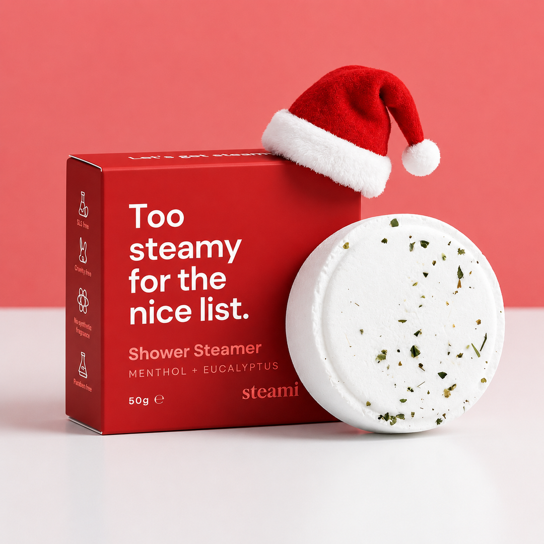 Shower steamer with a Santa hat on a red background
