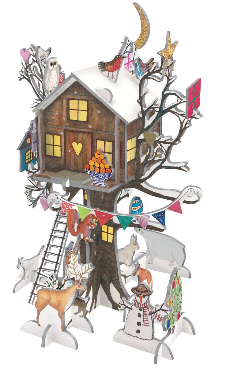 Decorative treehouse with animals and flags on a white background