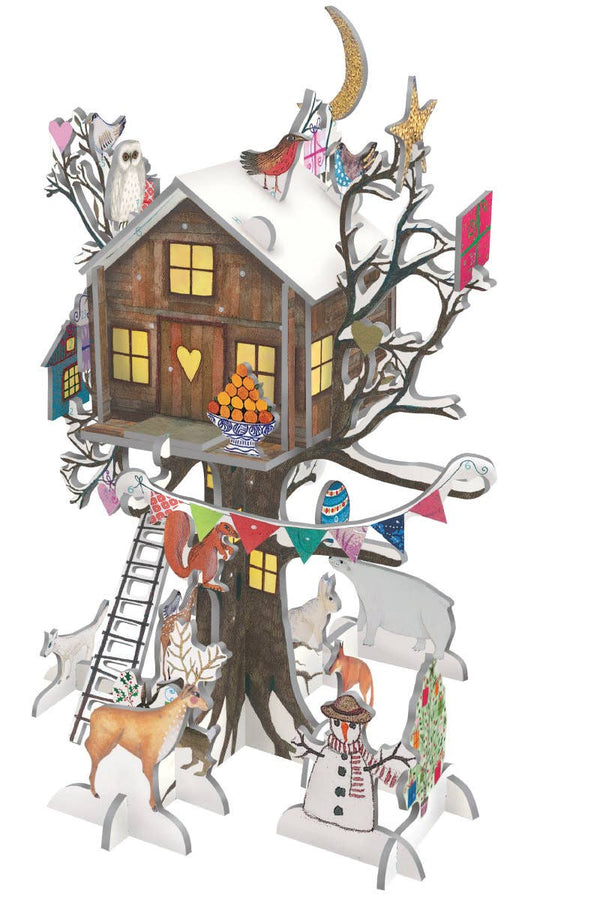 Decorative treehouse with animals and flags on a white background