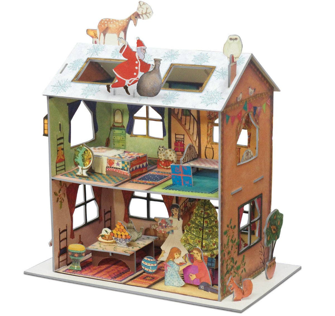 A detailed wooden dollhouse with a Christmas theme, featuring Santa Claus, reindeer, an owl, a tree, and festive decorations inside a multi-room open-front house on a white background.