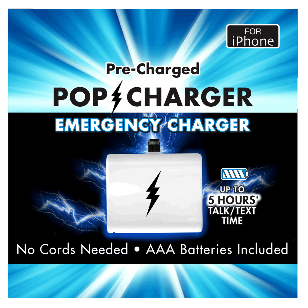 Pre-Charged POP CHARGER Emergency Charger packaging with blue and black design