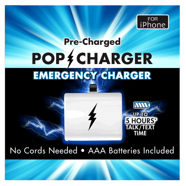 Pre-Charged POP CHARGER Emergency Charger packaging with blue and black design
