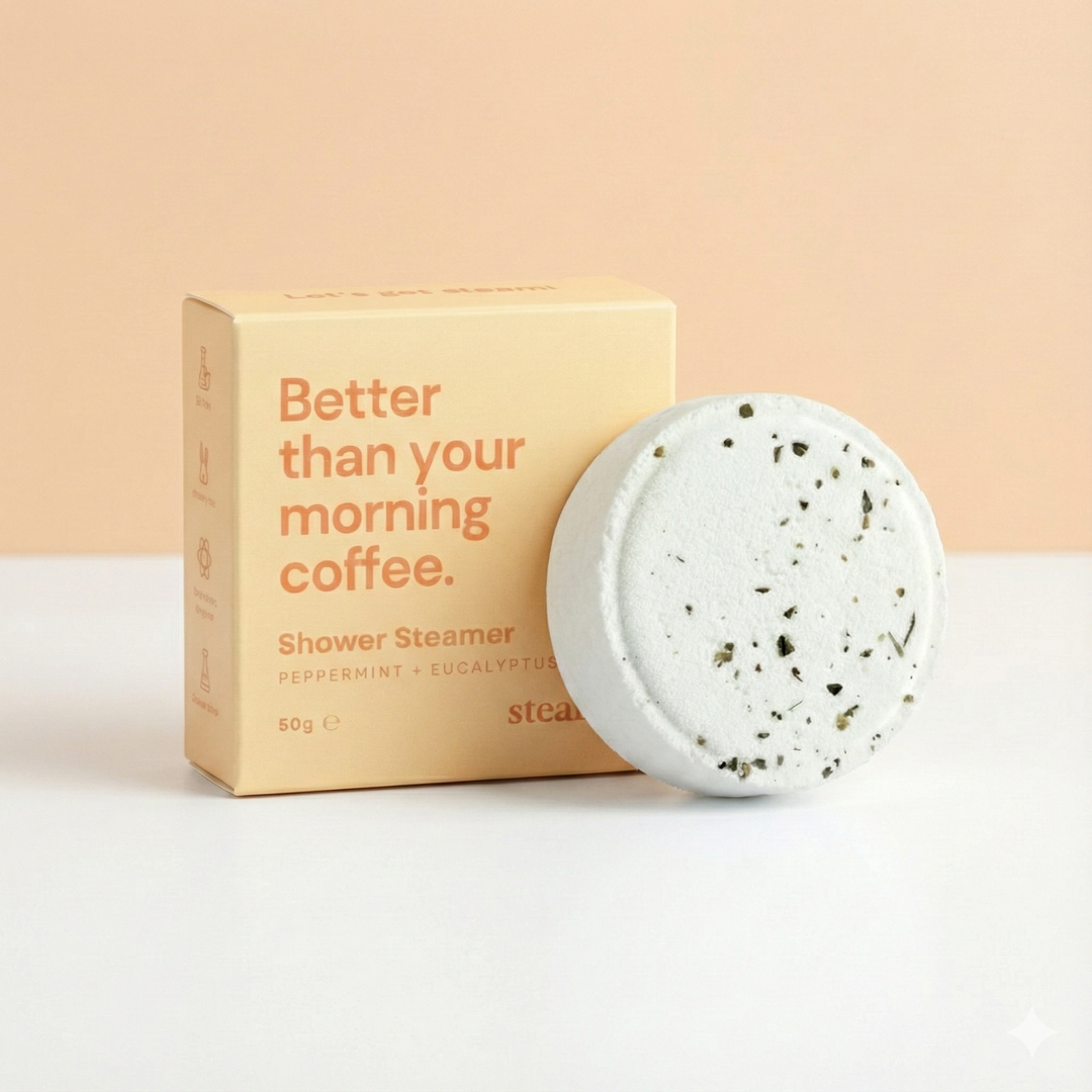Shower steamer with packaging on a light background