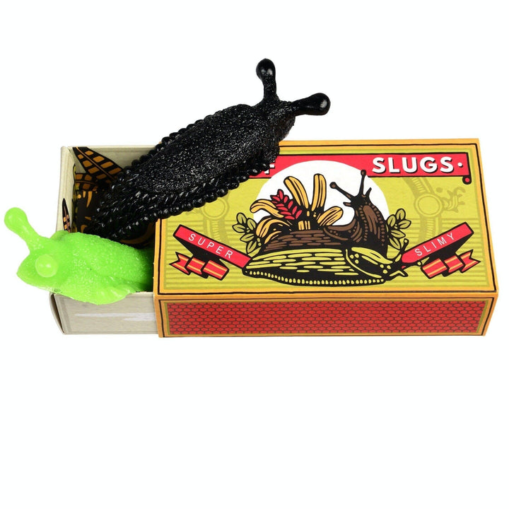 Black and green slugs with a vintage-style box labeled 'Slugs' on a white background.