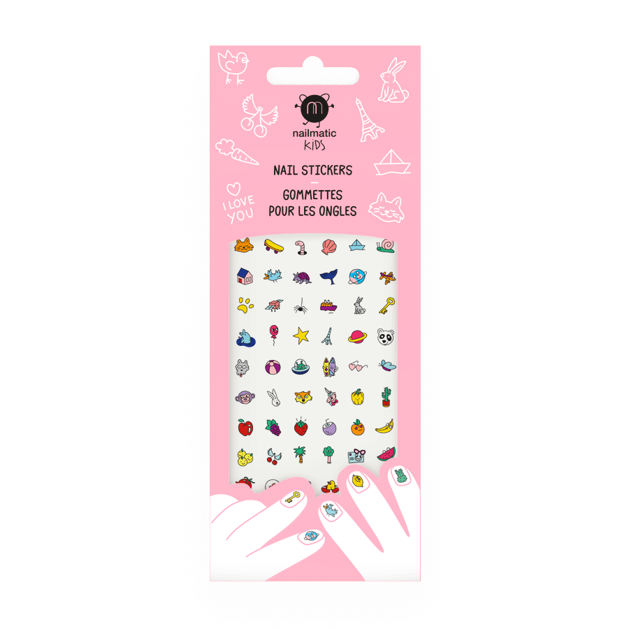 Pink packaging of nail stickers with various designs on a white background
